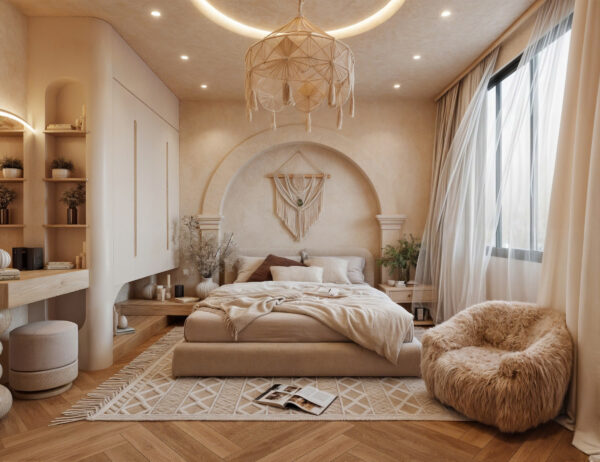 "Thiết kế phòng ngủ 18m2 phong cách Boho với giường linen kem, thảm họa tiết, macrame treo tường và ánh sáng vàng dịu"